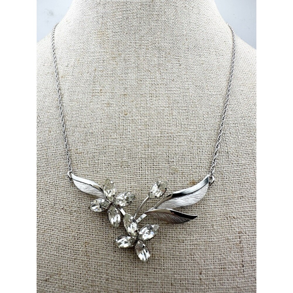 Vintage Signed ART Sterling Silver Rhinestone Floral Necklace 17”